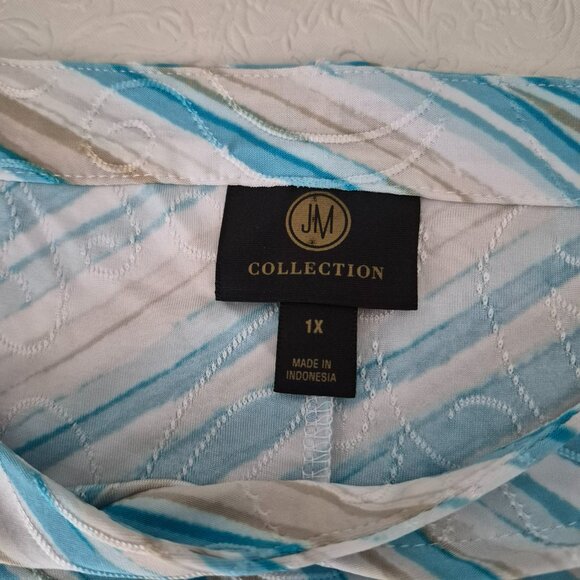 JM Collection Womens 1X Sharkbite 3/4 Sleeve Waterfall Top Blouse Blue Beige - Picture 2 of 16